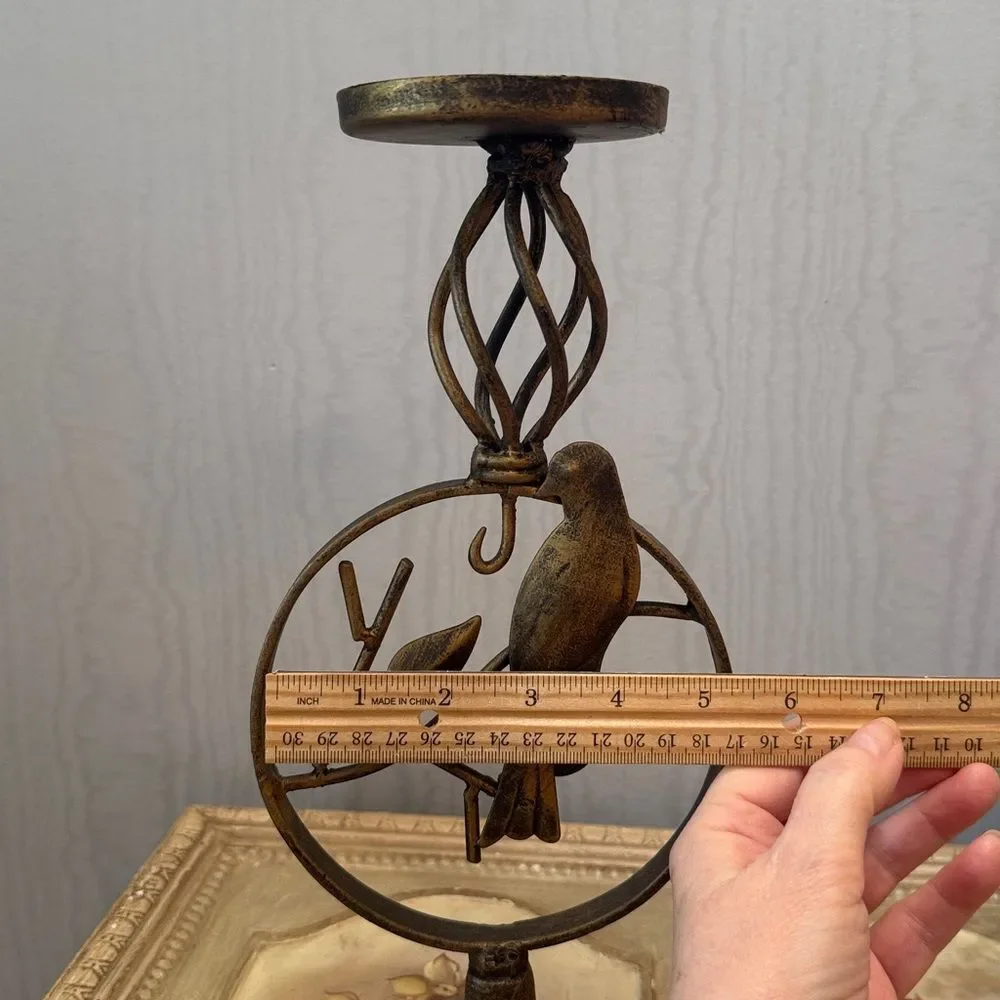 Bird & Leaf Design Brass Tone Finish Metal Candle Holder